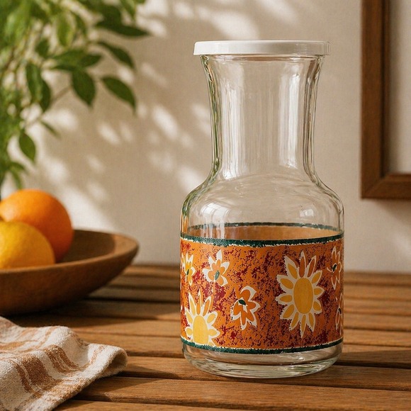 KIG Indonesia Other - Vintage KIG Glass Carafe Sunflower Floral Orange Retro Juice Pitcher Mid Century